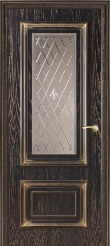 Дверь ДО Мадрид с гравировкой по зеркалу Черная эмаль с золотой патиной